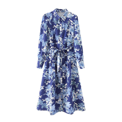 Autumn Floral Printing Series Belt Long Sleeve Shirt Maxi Dress