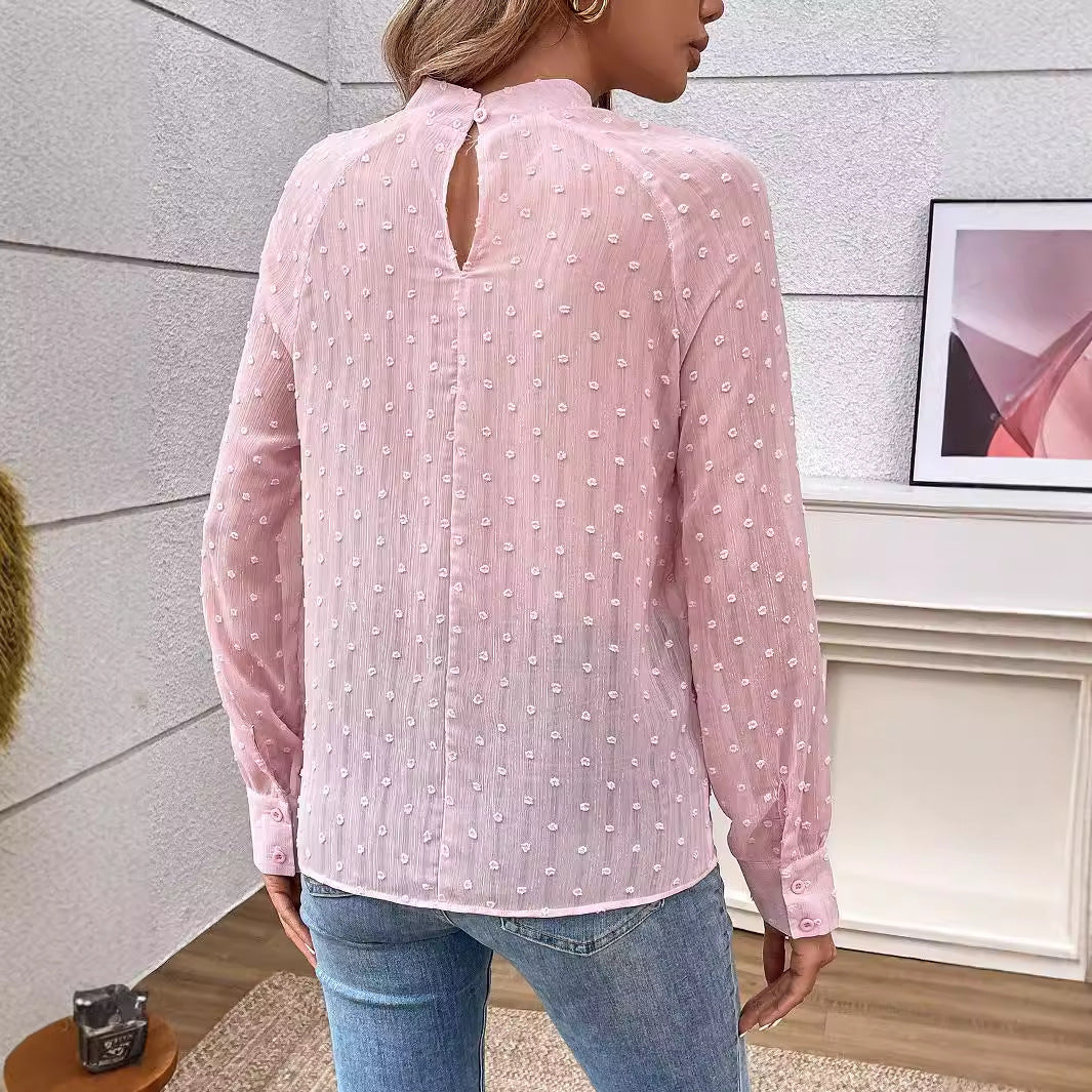 Women Clothing Best Seller Elegant Gentle Semi Permeable Autumn High Collar in Pink Long Sleeve Women Shirt