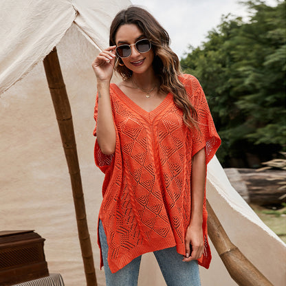 Summer Batwing Sleeve Loose Knitted Blouse Solid Color V Neck Hollow Out Cutout Short Sleeve Knitted Shawl