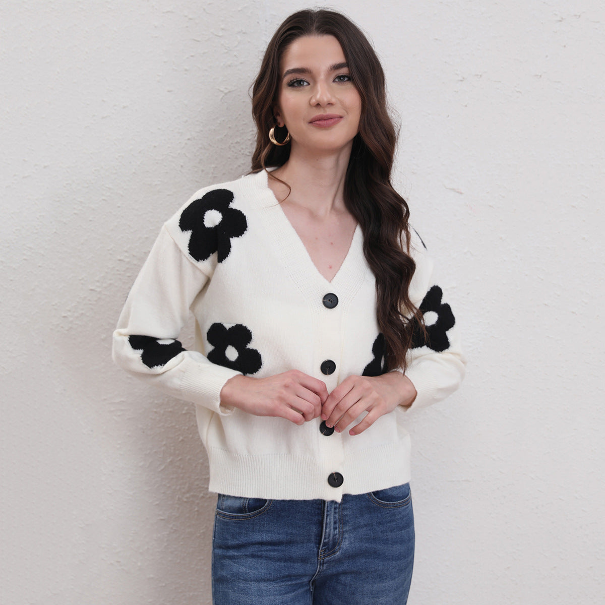 Women Clothing V neck Buckle Floral Knitted Cardigan Autumn Winter Casual Sweet Sweater