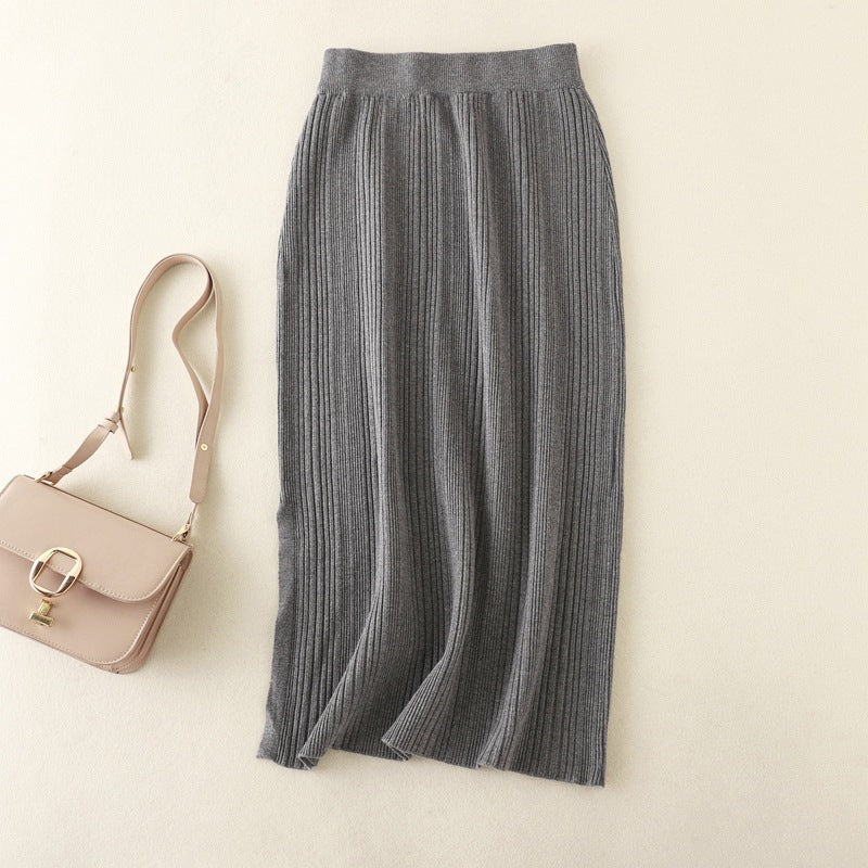 Autumn Winter Casual Knitted Slit Skirt High Waist Stretch Solid Color Inner Wear Slimming Sheath Skirt for Women