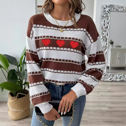 Women Sweater Bottoming Shirt Color Contrast Patchwork Striped Color Block Embroidery Love Stickers Sweater