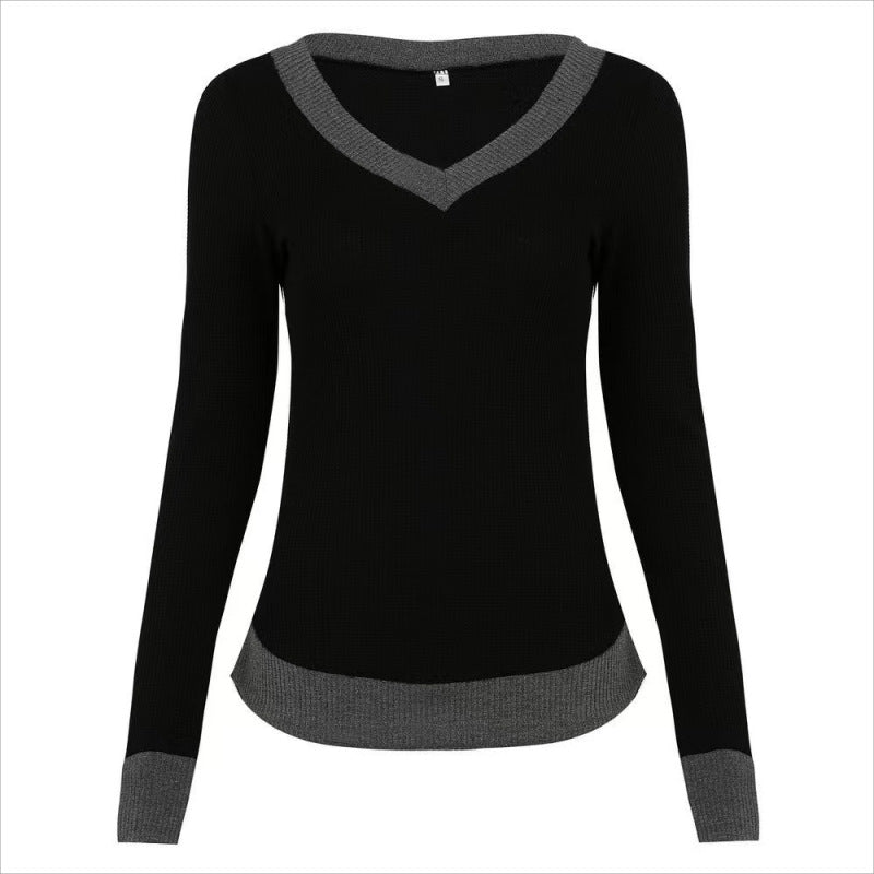 Women Clothing Sweater V Neck Pullover White Edge Long Sleeve Knitted Solid Color Slim Fit Top