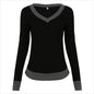 Women Clothing Sweater V Neck Pullover White Edge Long Sleeve Knitted Solid Color Slim Fit Top