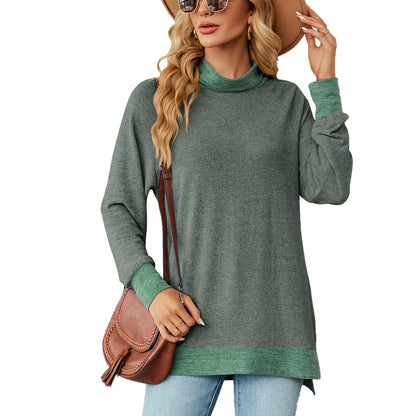 Autumn Winter Contrast Color Scarf Loose Long Sleeve Split T shirt Top Women