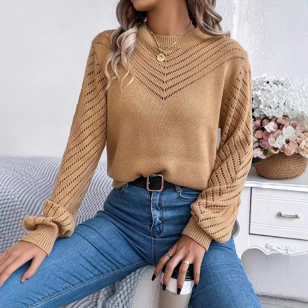 Autumn Winter Casual Solid Color Round Neck Hollow Out Cutout Out Lantern Sleeve Pullover Sweater Women Clothing