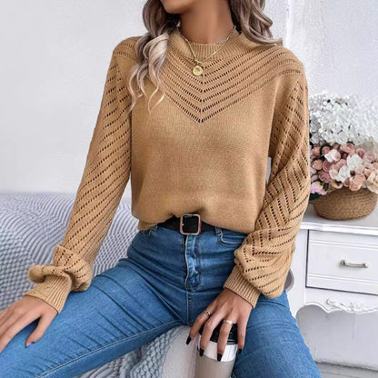 Autumn Winter Casual Solid Color Round Neck Hollow Out Cutout Out Lantern Sleeve Pullover Sweater Women Clothing