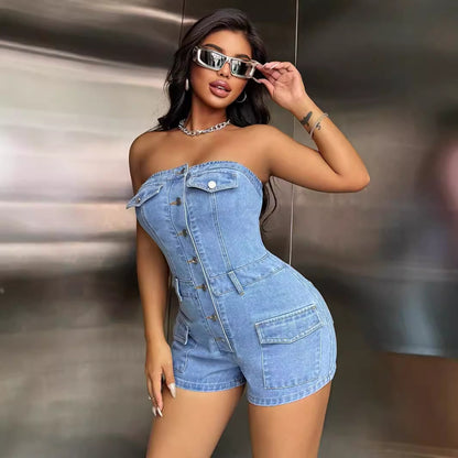 Women Clothing Casual Office Slim Fit Slimming One Piece Denim Jumpsuit