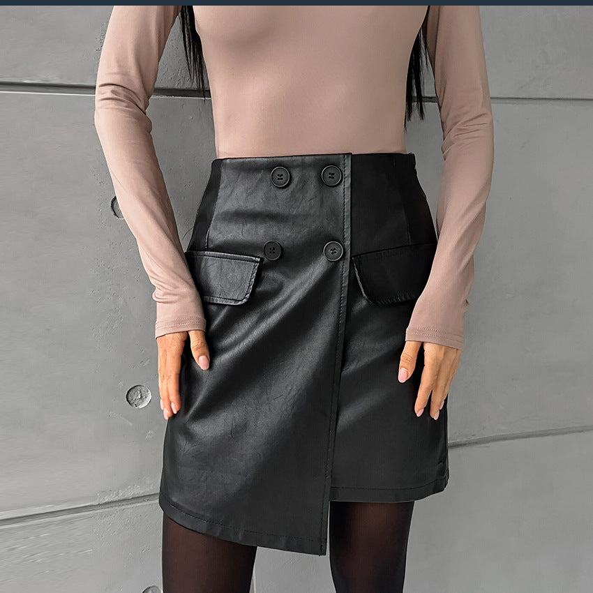 Sexy Slim Hip Fleece lined Artificial Leather A Swing High Waist Leather Skirt Autumn Skirt Women