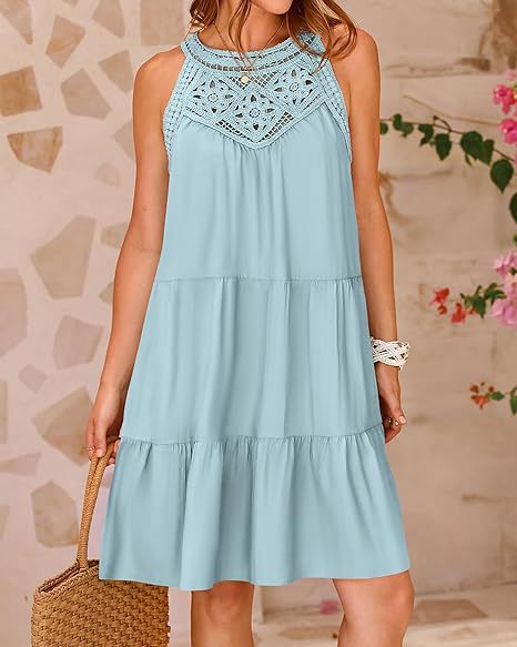 Women Clothing Popular Hollow Out Cutout Lace Stitching Halter A line Dress