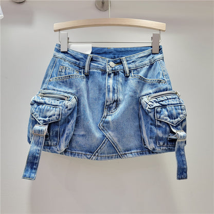 Retro Three Dimensional Workwear With Pocket Denim Skirt Women Spring Summer Slim Sexy Sexy A Line Hip Wrapped Skirt