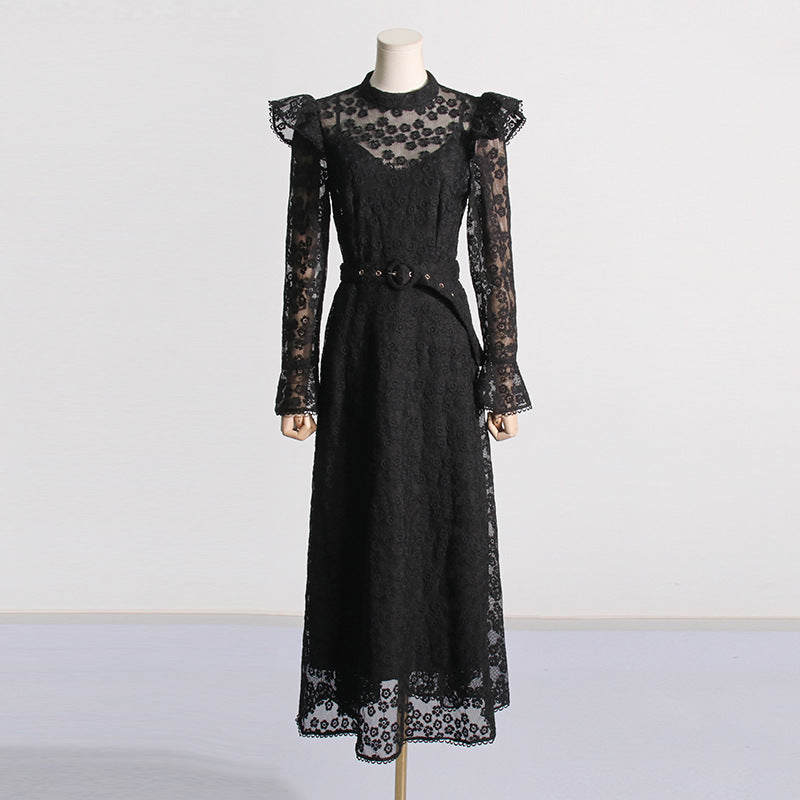 Bohemian Spring round Neck Long Sleeve Mesh Embroidered See through Maxi Dress