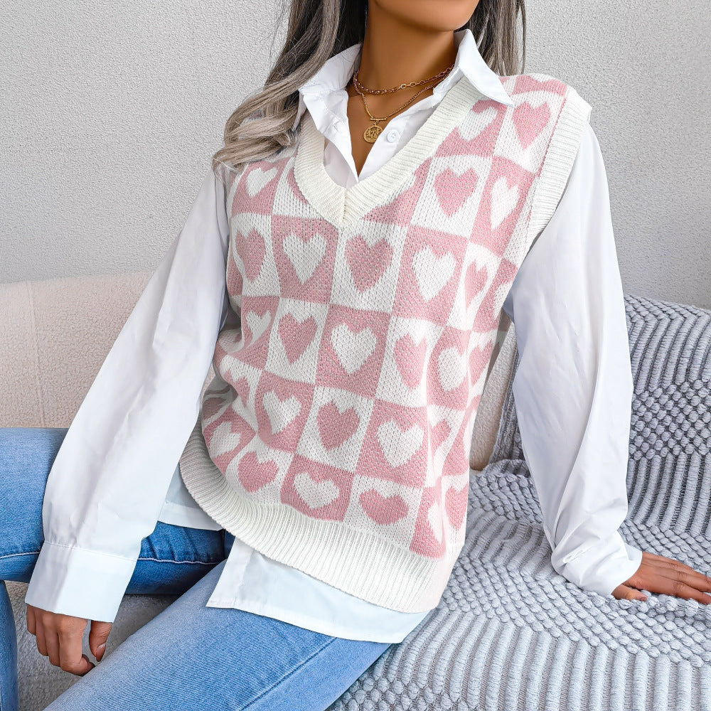 Autumn Winter College Heart Knitted Vest Sweater Vest Women Clothing