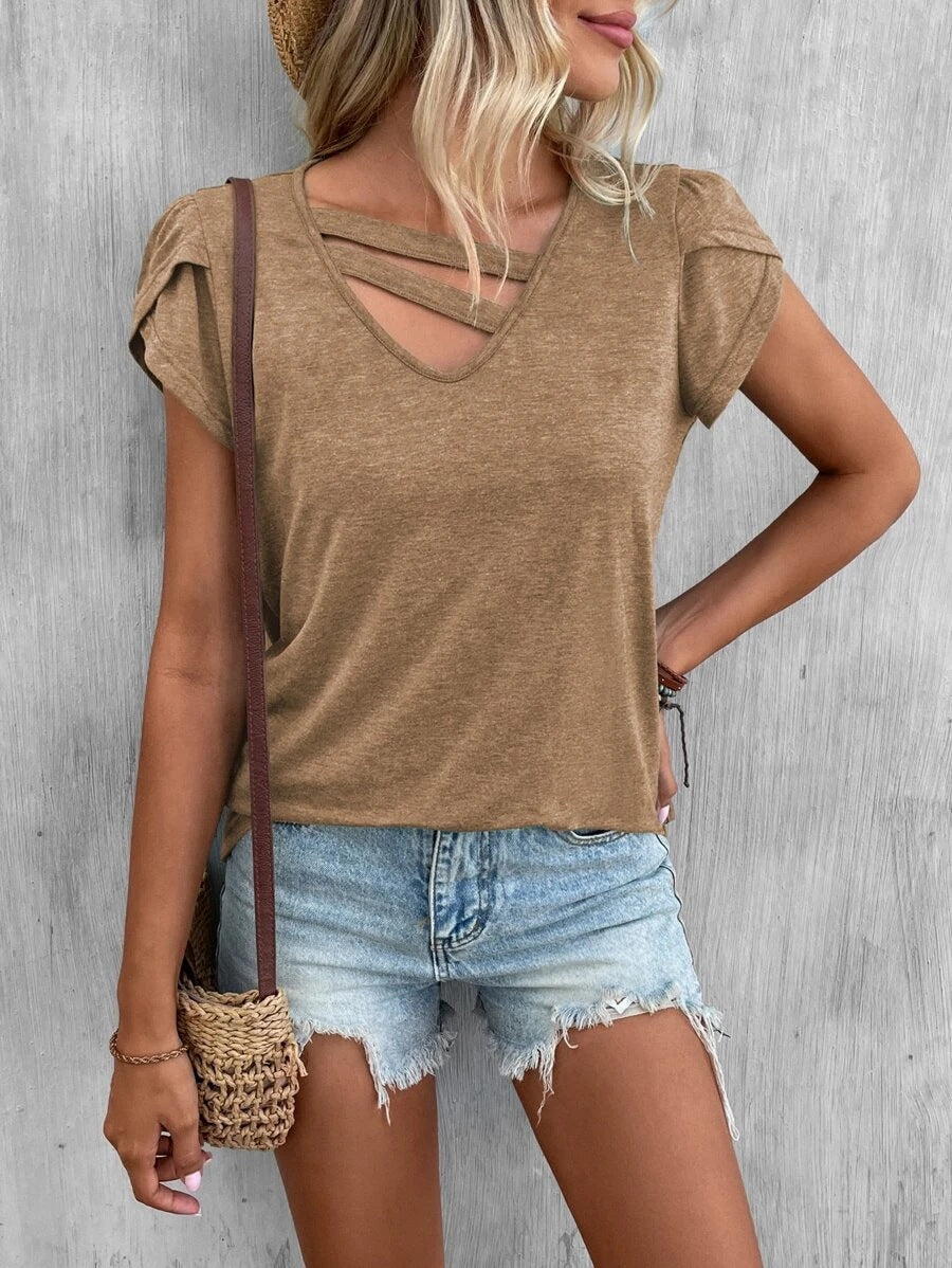 Women Clothing Summer Solid Color Stitching Petal Sleeve Loose T Top Women