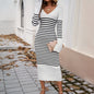 Autumn Winter Women Clothing Elegant Slim Fit V Collar Contrast Color Dress Sweater