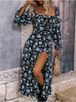 Autumn Floral Print Slit Square Collar Slimming Long Sleeve Dress