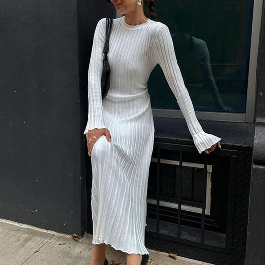 Long Sleeve Round Neck Tight Knitted Dress Autumn Sweater Dress Sunken Stripe Solid Color Base Dress