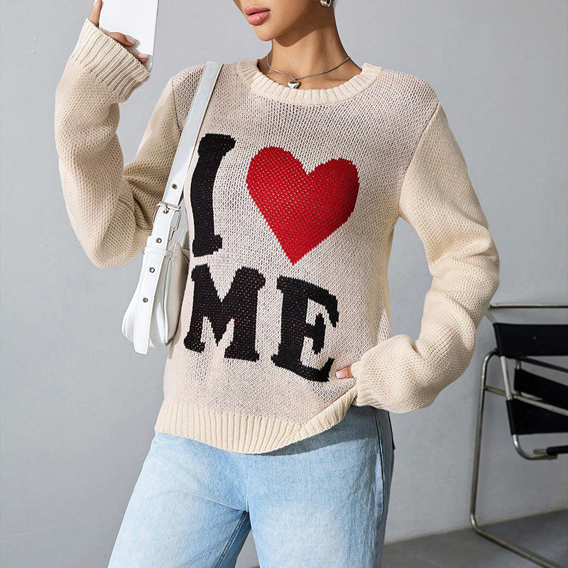 Casual Love Sweater Loose Lazy round Neck Jacquard Knitted Top Pullover Long Sleeve Sweater