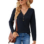 Autumn Winter Solid Color V neck Button Loose Long Sleeved T shirt Top Women Clothing Button