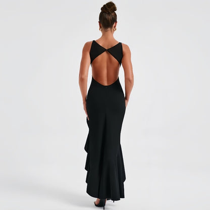 Summer Backless Sexy Slim Fit Crew Neck Split Irregular Asymmetric Dress Women Clothing