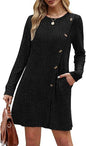 Women Clothing Round Neck Side Button Pocket Long Sleeve Waist Dress