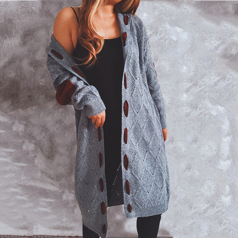 Autumn Winter Thick Fleece Leather Stitching Knitted Long Hooded Sweater Cardigan Coat Women