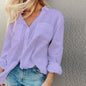 Women Clothing Autumn Solid Color Long Sleeve Collared Cotton Linen Blouse