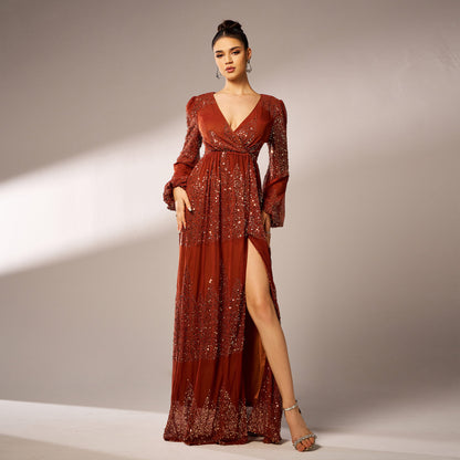 High End Long Sleeved Elegant V Neck Sexy Long Sequined Cocktail Evening Dress Bridesmaid Dress Dress Women