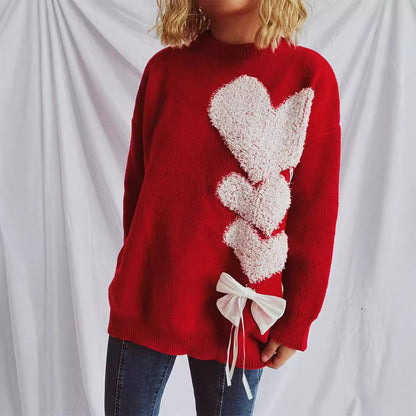 Autumn Winter Women Love Jacquard Loose Fitting Cute Bow Knitted Sweater Pullover