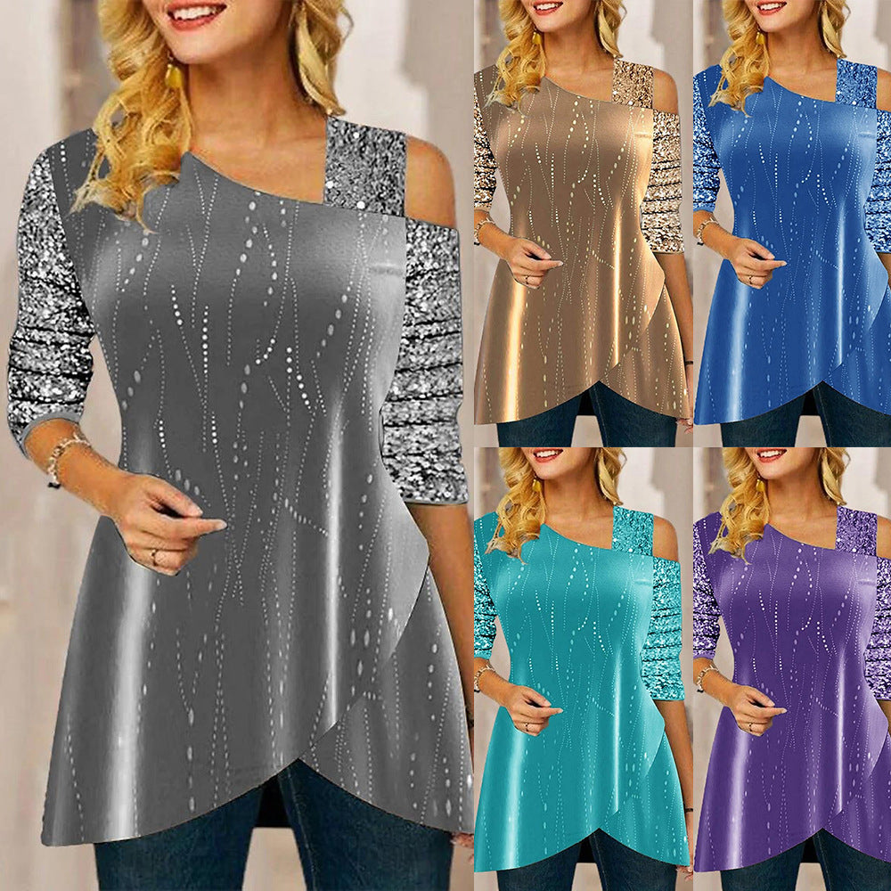 Autumn Women Clothing Long Sleeve Sequin Stitching Loose Casual Irregular Asymmetric Top