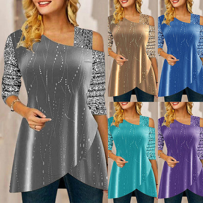 Autumn Women Clothing Long Sleeve Sequin Stitching Loose Casual Irregular Asymmetric Top