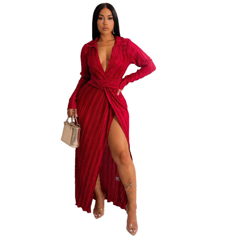 Sexy Slit Dress Autumn Winter V neck Long Sleeve Pleated Dress