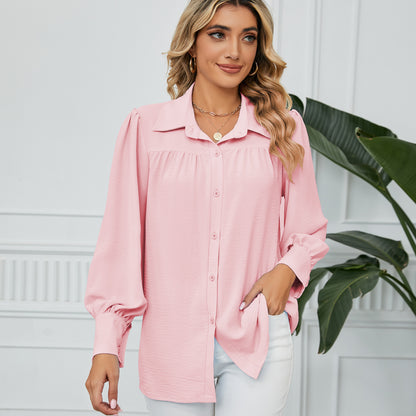 Women Clothing Chiffon Loose Long Sleeve One Breasted Shirt Top