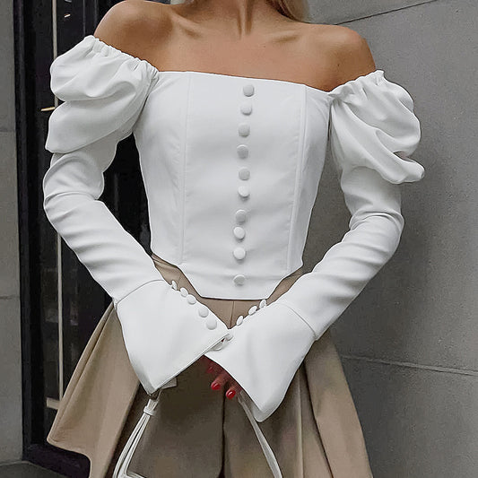 Fall French Imitation Acetate Satin White Square Cut Collar Top Short Temperamental Puff Sleeve Shirt Women Clothing