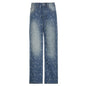 High Street Stylish Unique Distressed Crochet Worn Washed Loose Wide Leg Sexy Low Waist Casual Denim Trousers No Belt