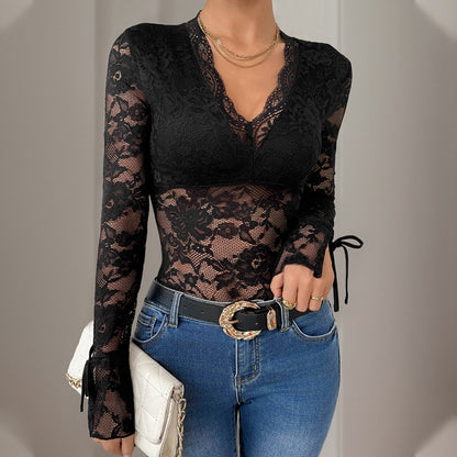 Fall Women Clothing Lace Stitching Long Sleeve V Neck Jumpsuit Women