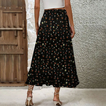 Women Clothing Summer Romantic Elegant Floral Lotus Leaf Hem Skirt Slit Asymmetric Skirt