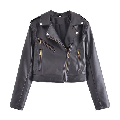 Street Collared Zipper Faux Leather Jacket Coat Cool Smart Motorcycle Clothing Spring Autumn Short Tops Women