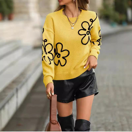 Women Clothing Sweater Spring Autumn Floral Jacquard Sweater Pullover round Neck Long Sleeves Top for Women