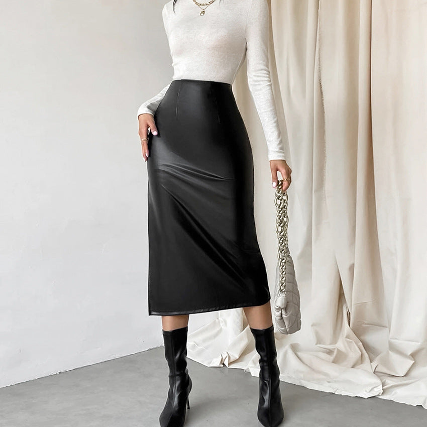 Fleece lined Matte Artificial Leather Sexy Skirt Leather Skirt Autumn Arrival Maxi for Women