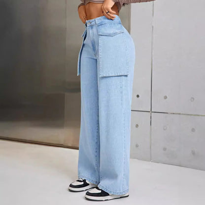 Women Clothing Casual Wide Leg Large Pocket Denim Trousers