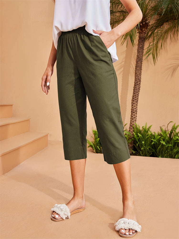 Women Elastic Waist Pocket High Waist Solid Color Casual Pants Cropped Pants Commuting Pants Summer Women Half Pants