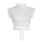 Summer Street Solid Color Polo Collar Shirt Single Breasted Cross Tied Cropped Top T shirt