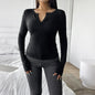 Autumn Winter Coat Women Clothing Elegant Slim Fit V Neck Buttons Long Sleeve T Shirt