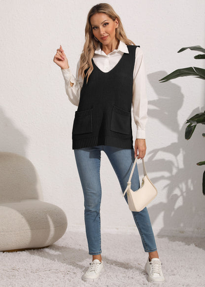 Women Vest Women Clothing Double Pocket V neck Patchwork Casual Vest Top Sweater Waistcoat