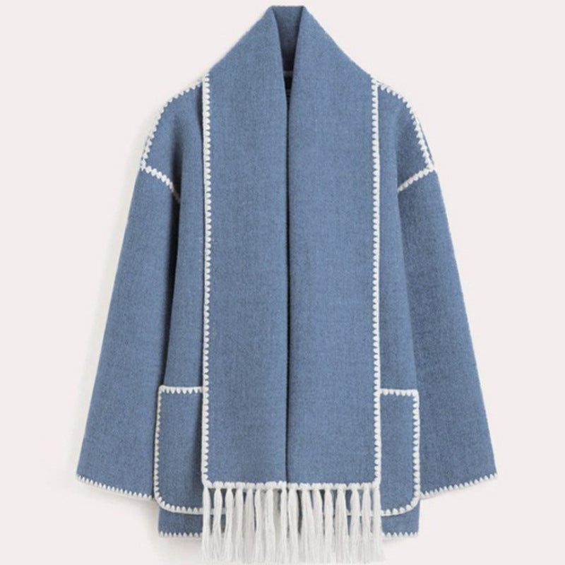 Autumn Winter Round Neck Casual Design with Tassel Scarf Loose All Matching Woolen Coat for Women