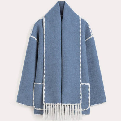 Autumn Winter Round Neck Casual Design with Tassel Scarf Loose All Matching Woolen Coat for Women