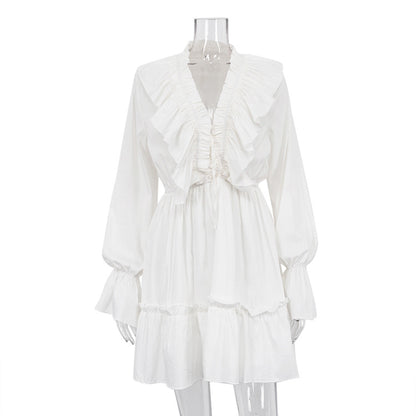 V neck Pleating Bell Sleeve Ruffled White Dress Spring Women Design Petti dress