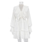 V neck Pleating Bell Sleeve Ruffled White Dress Spring Women Design Petti dress