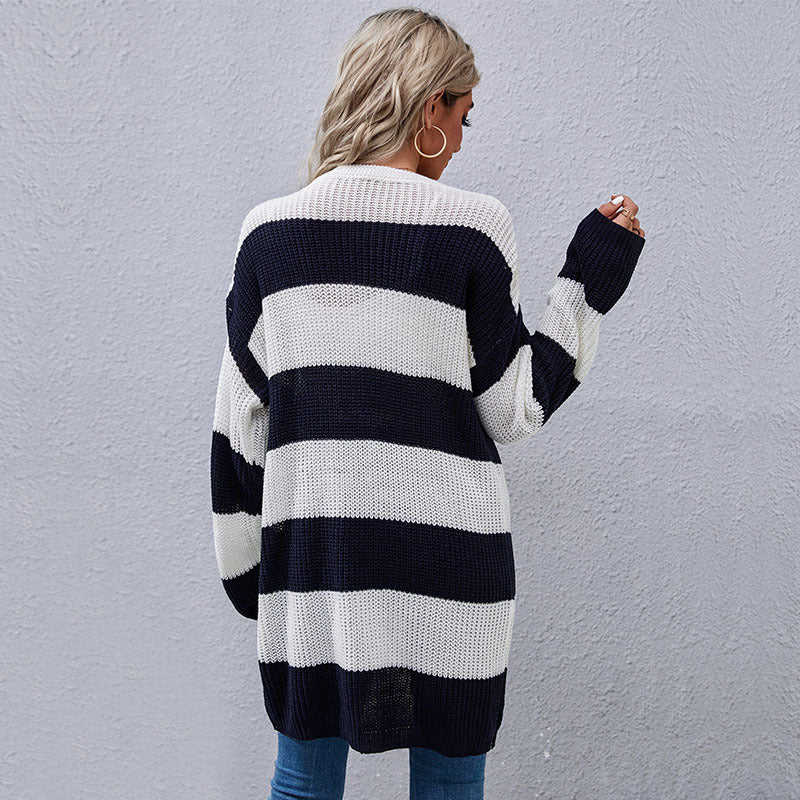 Autumn Winter Women Wear Long Sleeve Striped Cardigan Sweater Coat